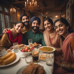 indian sikh religious family enjoying dinner on traditional festival at home - obrazy, fototapety, plakaty