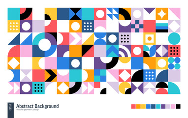 Geometric Retro Pattern. Color Abstract Shape Background. Graphic Design Elements Set. Modern Bauhaus Vector Art. Corporate Poster, Banner, Cover. Triangle, Square, Circle Forms. Module Grid Construct - 674550504