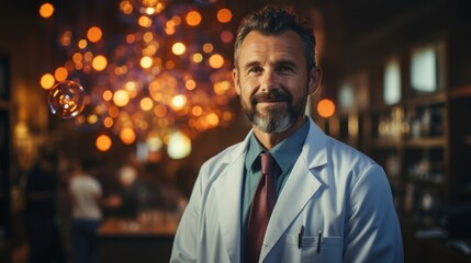 Fototapeta premium A scientist in a white medical coat in the laboratory. Dark background. Telehealth concept. Generative AI