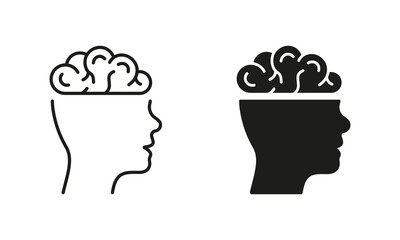 Human Brain Silhouette and Line Icons Set. Psychology, Medical Neurology Sign. Human Head Anatomy. Knowledge, Memory, Mind, Intelligence Black Symbol Collection. Isolated Vector Illustration