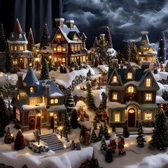 Miniature Christmas village with snow, houses and christmas tree.