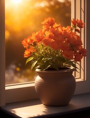 Flower pot next to the window while sunset
