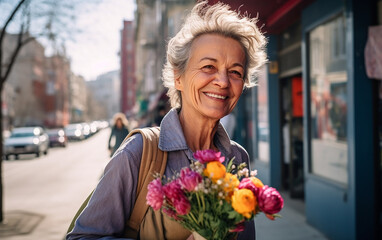 Fototapeta premium A pretty adorable lady pensioner walks around the city on a bright spring day. Smiling senior woman walking outdoors in the spring city.