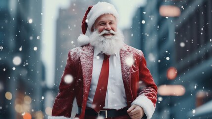 Santa Claus in a Red Business Suit and Red Tie Smiling on Camera