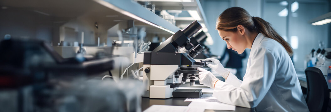 e
Scientist researcher using microscope in laboratory. Medical healthcare technology and pharmaceutical research and development concept.