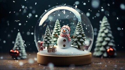Snow globe with a white snowman figurine and a fir tree for christmas