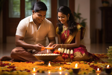 young indian couple celebrating diwali festival at home