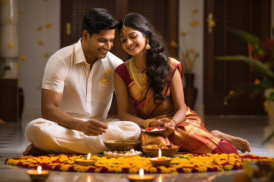 South Indian couple worshiping at a traditional festival onam