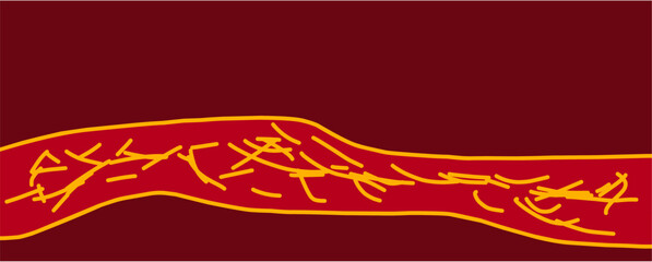 Horizontal dark red background with yellow stripes.