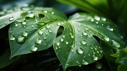  Close-up of green monstera leaves with water drops. Jungle wall background. Generative AI