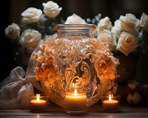 Obraz na płótnie Canvas Burning candles in a glass vase with white roses on the background