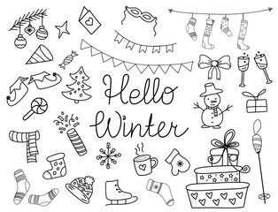 Winter doodle elements vector collections. Different hand drawn elements. Handwritten phrases hello winter. Christmas tree, skates, Christmas boot, sweets, gift boxes, snowflakes, socks.  