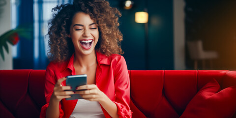 Happy excited young woman using phone winning money in online app game. Young lucky woman feeling winner looking at cellphone, receiving great news or discount offer.
