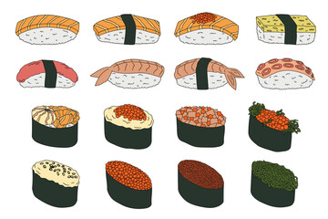 Hand drawn sushi clipart set. Japanese traditional cuisine dishes. Asian food
