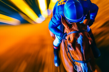 Jockey on racing horse. Champion. Hippodrome. Racetrack. Horse riding. Derby. Speed. Blurred movement.  
 - obrazy, fototapety, plakaty