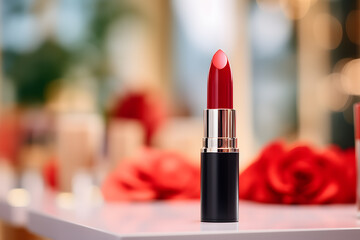 Red lipstick with blurry background - obrazy, fototapety, plakaty