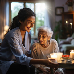 young indian Care worker helping elderly woman - obrazy, fototapety, plakaty