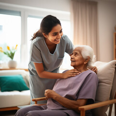 young indian nurse supporting elderly patient - obrazy, fototapety, plakaty