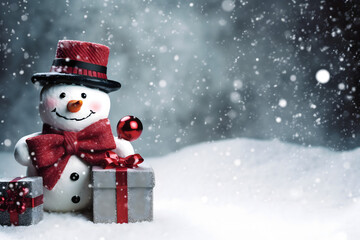 Fototapeta premium christmas tree decorations, santa claus with gifts, snowman in the snow, christmas gift boxes 