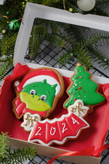 Box of Gingerbread Cookies, Set of Christmas Treats on Bright Background