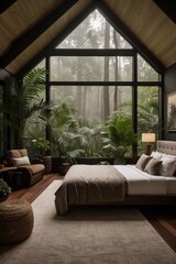 A dark bedroom setting. luxury king bed with a luxury pillows. Ferns drop down from above. The ceiling is dark. The high windows offer a scenic view of a lush forest in the fog. Generative Ai.