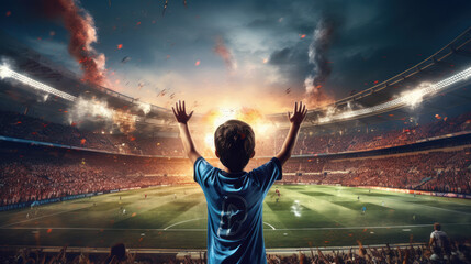 Little boy watching match at stadium - obrazy, fototapety, plakaty