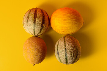Different sweet melons on yellow background
