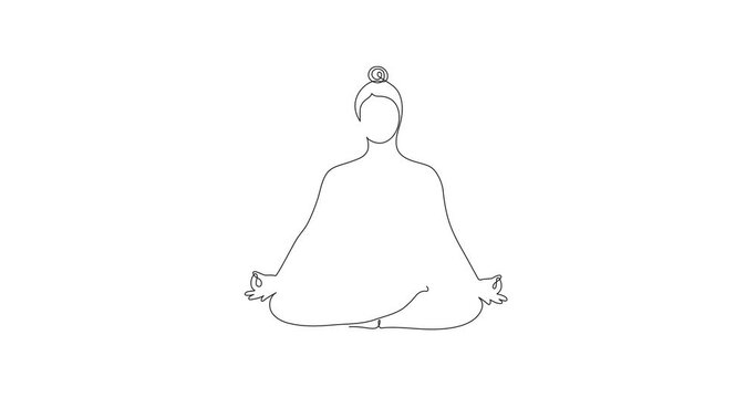 Yoga girl, one line art animation,continuous drawing contour motion. Lotus position, asana for meditation. Healthy lifestyle, body and soul harmony concept outline video.4k self-drawing movie