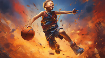 Boy playing basketball jumping and flying