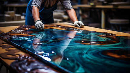 A craftsman is in the process of making a wooden table from colored epoxy resin.