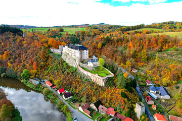 Cesky Sternberk castle in Czech Republic, Europe aerial fly photo in HDR in autumn - 674556950