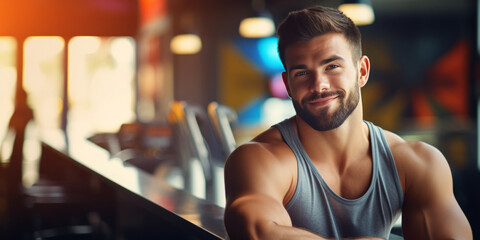 portrait of bodybuilder resting in gym while looking at camera. Healthy lifestyle. personal trainer