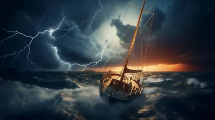 Tuinposter A yacht was struck by lightning during a severe thunderstorm in a stormy sea © sandsun