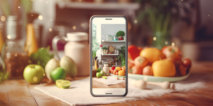 Woman take a picture of different beautiful vegetables and greens with a mobile phone at her kitchen. smartphone food photography. healthy eating, vegetarian food, dieting . for weight loss