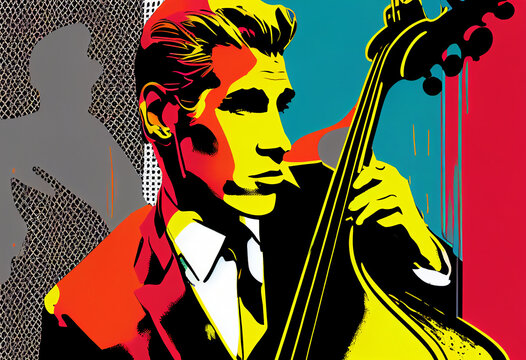 American male double bass jazz musician playing music in an abstract vintage distressed style painting for a poster or flyer, computer Generative AI stock illustration image