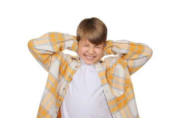 Studio shot of teenager boy wearing yellow checkered shirt covering his ears with his hands...