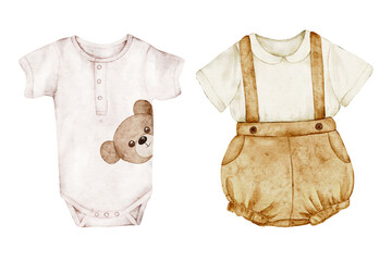 Set of hand-drawn watercolor illustrations with cute children's clothes in retro style. For posters, postcards, baby shower, packaging, invitations. Newborn set of bodysuits, boho shorts and T-shirts