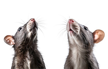 Playful pair of grey rats against a white background