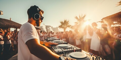 DJ Energizing the White Party Festival Outdoors. Generative ai - obrazy, fototapety, plakaty
