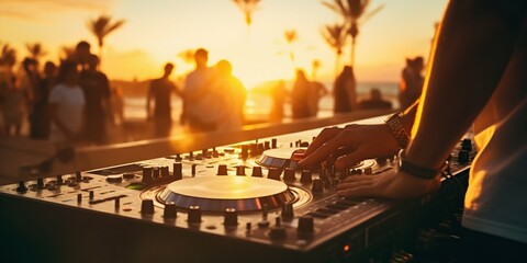 DJ Igniting the Beach Party at Sunset. Generative ai - obrazy, fototapety, plakaty