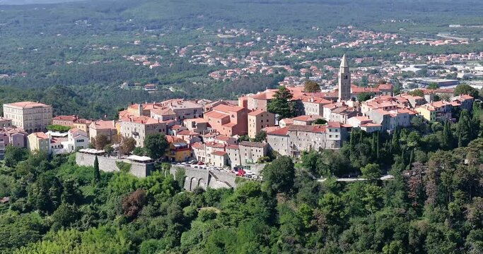 Drone video of the Croatian historic town of Labin near Rabac in summer