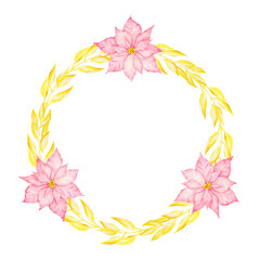 Obraz premium Pink poinsettia and gold branches. Watercolor hand drawn wreath with Christmas star. Winter symbol, new year ornament for holiday season prints, greeting cards, banners, invitations, packing