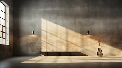 Empty room with concrete wall and wooden bench. 3D Rendering