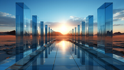 3d render of glass building in desert with reflection on water surface