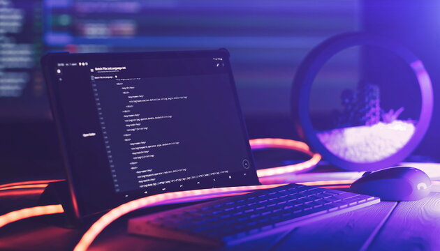 Abstract computer script code. Programming code screen of software developer. Software Programming Work Time.
