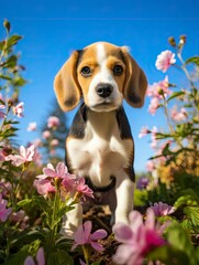 niedlicher Beagle Welpe im Garten inmitten pinker Blumen
