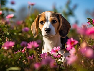 niedlicher Beagle Welpe im Garten inmitten pinker Blumen