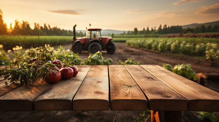 Wooden table with tomatoes on field background. Tractor in the background