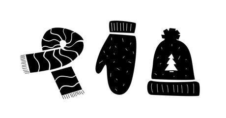 Mittens, scarf and cap black-white flat illustration. Simple winter doodle clothes.