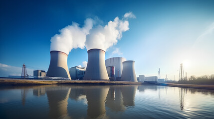 Nuclear Plant with Cooling Towers Releasing Steam - obrazy, fototapety, plakaty